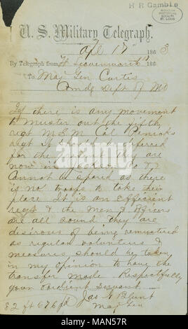 Regarding the status of the mustering out of the 5th Missouri State Militia Cavalry and possible remustering as regular U.S. troops. Includes reply from Curtis on the reverse. Title: U.S. Military Telegraph of Jas. G. Blunt [James G. Blunt], Ft. Leavenworth, to Maj. Gen. Curtis [Samuel R. Curtis], Comd. Dept. of Mo., April 17, 1863  . 17 April 1863. Blunt, James G. (James Gillpatrick), 1826-1881 Stock Photo