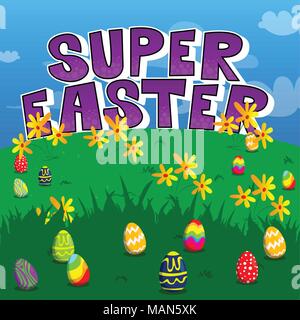 Super Easter text and colored eggs on a green meadow. Vector cartoon illustration. Stock Vector
