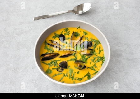 Mussel and Butternut squash soup in a bowl on gray background with copy space. Stock Photo