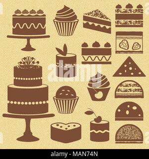 Various cakes and cupcakes silhouette icons on textured bacmground. Stock Vector