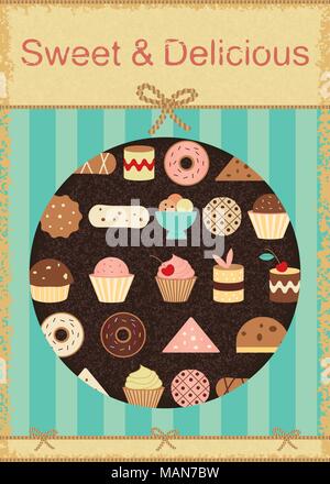 Various scratched cakes and sweets on textured background. Stock Vector