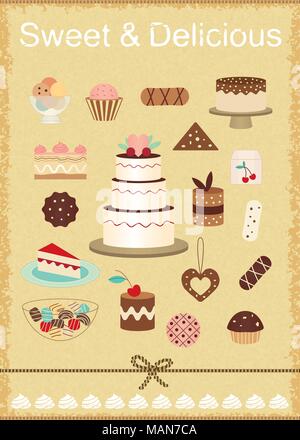 Various scratched cakes and sweets on textured background. Stock Vector