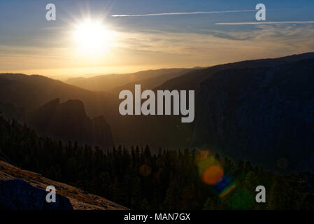 Sunset over Yosemite Valley on a smoky day Stock Photo