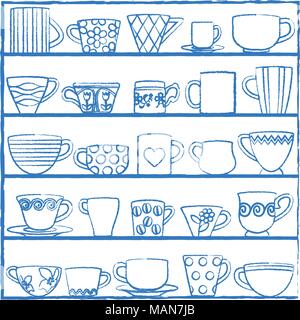 Various hand drawn cups and mugs on shelves. Stock Vector