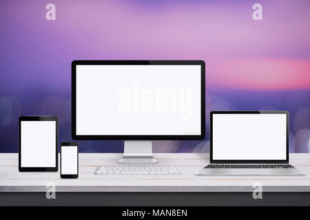 Responsive web design mockup. Devices with isolated screen on white wooden desk. Purple background. Stock Photo