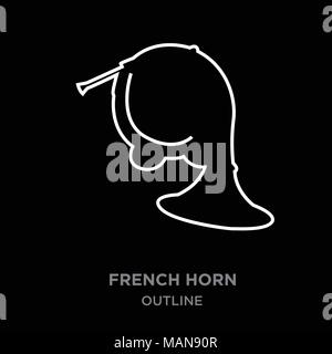 white border french horn outline on black background, vector illustration Stock Vector