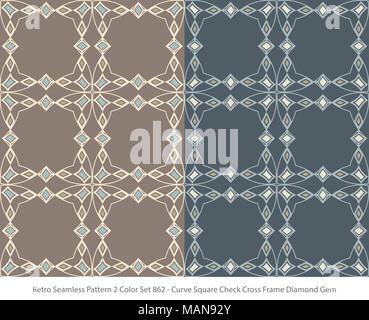 Retro Seamless Background 2 Color Set Curve Square Check Cross Frame Diamond Gem Stock Vector