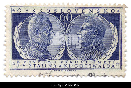 Joseph V. Stalin and Klement Gottwald (Cz. president) for 1st anniversary of death in 1954, stamp printed in Prague, Czechoslovakia (Czech Republic) Stock Photo