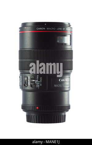 Varna, Bulgaria - December 03, 2015 - Canon EF 100mm f/2.8L Macro IS USM Lens is the L-series version of Canon's popular 100mm Macro lens. Stock Photo