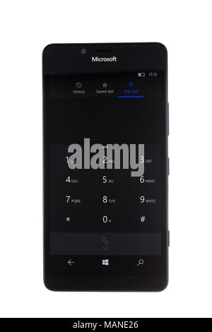 Varna, Bulgaria - December 10, 2015: Cell phone model Microsoft Lumia 950 has 20 MP camera, Microsoft Windows 10 os,,Wireless charging and Iris scanne Stock Photo