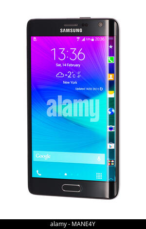 Varna, Bulgaria - February 14, 2015: Studio shot of a black Samsung Galaxy Note Edge smartphone, with 16 mP Camera, quad-core 2,7 GHz and 5.6” Curved  Stock Photo