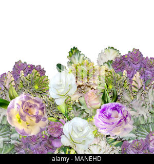 Floral border with bouquet of purple with white Eustoma (Lisianthus) flowers and ornamental cabbage - Brassica, or flowering kale isolated on a white  Stock Photo