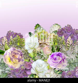Floral border with bouquet of purple with white Eustoma (Lisianthus) flowers and ornamental cabbage - Brassica, or flowering kale as festive or floris Stock Photo