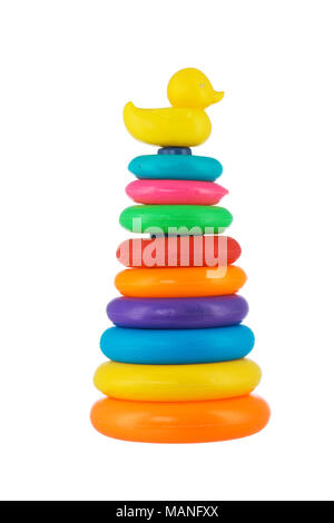 Shiny multi-coloured plastic stacking rings toy isolated on white background Stock Photo