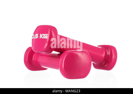 Two plastic coated dumbells isolated on white background Stock Photo