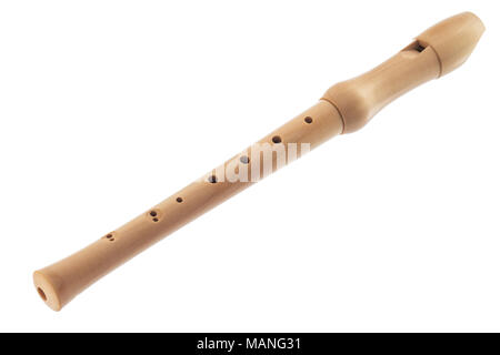 Single recorder. Wooden soprano flute isolated on a white background Stock Photo