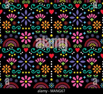 Mexican folk art seamless vector pattern, colorful design with flowers wallpaper inspired by traditional designs from Mexico Stock Vector