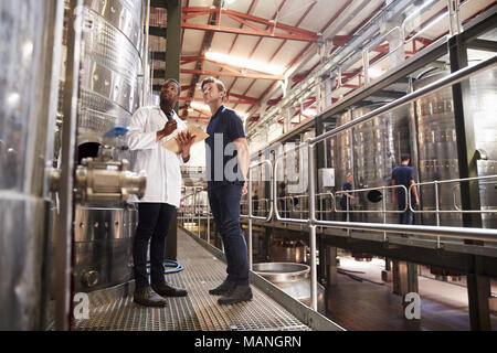 Two male technicians working at a wine factory, low angle Stock Photo
