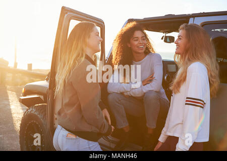 Three young female friends on a road trip talking beside car Stock Photo