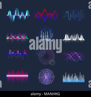 Set of Futuristic sound equalizer or audio waves. Set of hud effects for digital music or waveforms, audio frequency as round, spiral or bar shapes. M Stock Photo