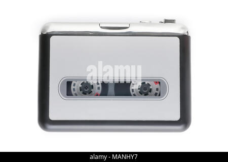 Small cassette player with a tape cassette inside. Isolated on white, clipping path included Stock Photo