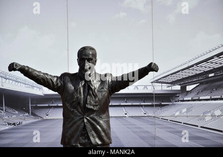 The statue of former Liverpool FC manager Bill Shankly in front of the Kop End at Liverpool's Anfield stadium Stock Photo