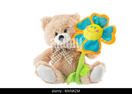 Teddy Bear holds flower  isolated on white background. Valentine’s day concept Stock Photo