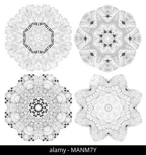 Vector Adult Coloring Book Textures. Hand-painted art design. Adult anti-stress coloring page. Black and white hand drawn illustration set of 4 mandal Stock Vector