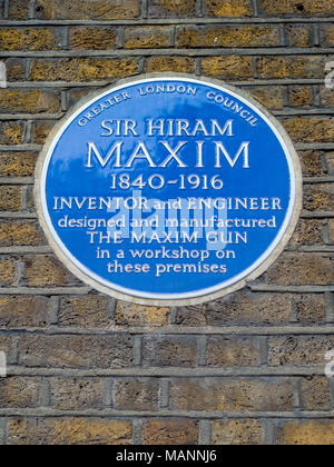 Hiram Maxim London Blue Plaque - marking the location or the workshops where Sir Hiram Maxim developed and manufactured the Maxim Gun Stock Photo