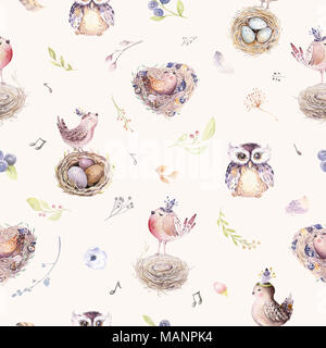 Watercolor spring rustic pattern with nest, birds, branch,tree twigs and feather. Watercolour seamless hand drawn bird background. Vintage, boho illustration Stock Photo