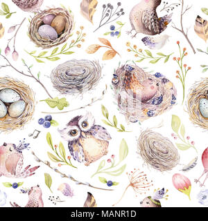 Watercolor spring rustic pattern with nest, birds, branch,tree twigs and feather. Watercolour seamless hand drawn bird background. Vintage, boho illustration Stock Photo