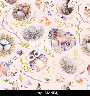 Watercolor spring rustic pattern with nest, birds, branch,tree twigs and feather. Watercolour seamless hand drawn bird background. Vintage, boho illustration Stock Photo