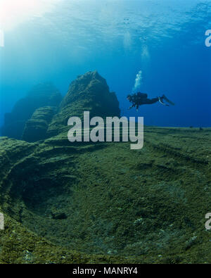 Scuba diver at 'El Bajón' dive site, a famous volcanic seamount in Mar de las Calmas Marine Reserve (El Hierro, Canary Islands, Spain) Stock Photo