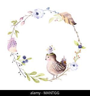 Watercolor boho floral wreath. Bohemian natural frame: leaves, feathers, flowers, Isolated on white background. Artistic decoration illustration. Save the date, logo, weddign design Stock Photo