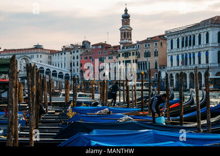 View on classical picture of the Canal Grande with moored gondolas in Venice, Italy Stock Photo