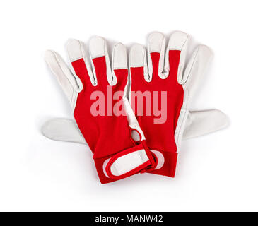 red protective work gloves on white background. top view Stock Photo