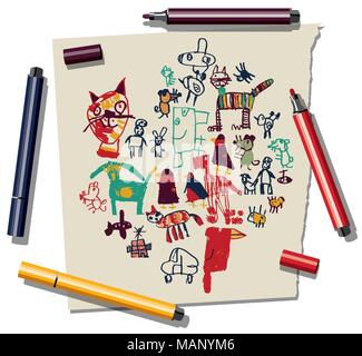 Doodles drawing and paper and felt pen isolate on white. Stock Vector