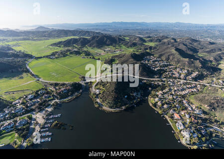 Aerial view of Lake Sherwood, Hidden Valley and the Santa Monica Mountains near Malibu, Westlake Village and Thousand Oaks California. Stock Photo