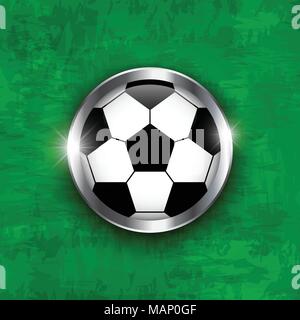 Football icon . Soccer ball with glass covered and metal edge on green color grass texture background . Vector for international world championship to Stock Vector