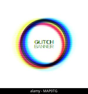 Abstract glitch texture circle frame. Geometric style art. Distorted modern round background with glitch effect. Broken glitched sign concept with rgb cmyk colors channel. Color vector illustration. Stock Vector