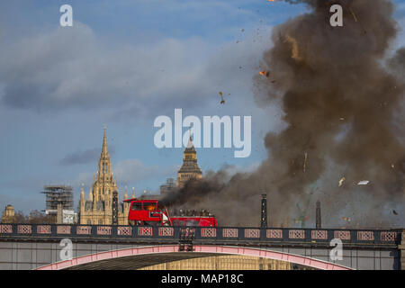 A bus explodes on Vauxhall bridge for the filming of a uk TV show Stock Photo
