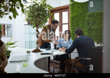 Smart qualified skilled engineers looking at the project of alternative energy with miniatures of windmill turbines at the table. Stock Photo