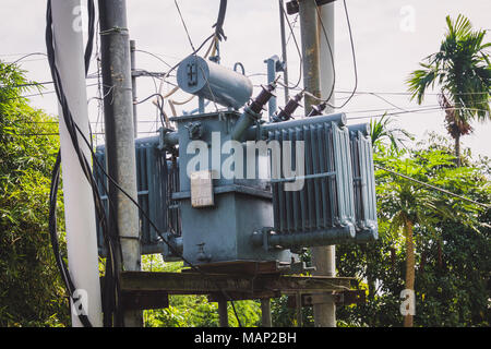 Power transformers attached pole convert three phase power to 220V and 110V at 60 Hertz. Stock Photo