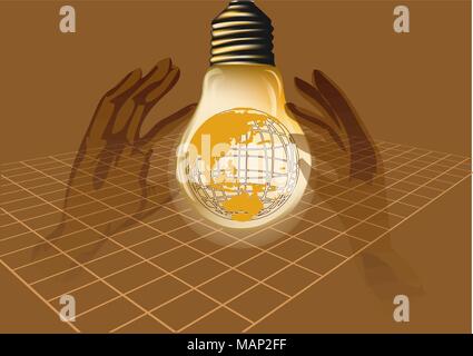 lamp as earth. two hands holding the earth Stock Vector