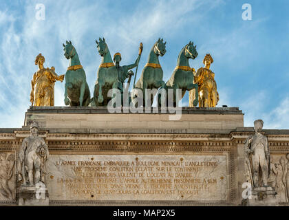 PARIS, FRANCE - MAY 07, 2011:  Statue of a four Horse Chariot on top of the Arc du Triomphe du Carrousel Stock Photo