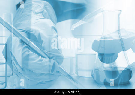 three erlenmeyer flask and microscope , Glassware on  science laboratory research and development Stock Photo