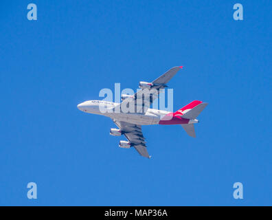 Quantas Airbus A 380 in flight over Sydney Harbour Stock Photo