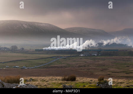 Steam locomotive 60163 TORNADO at  Ribblehead with the first scheduled steam hauled passenger train  (0825 Appleby - Skipton) since 1968 Stock Photo