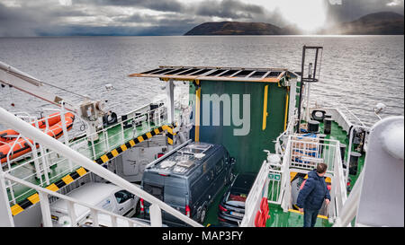 The Caledonian MacBrayne ferry which travels from Claonaig on The Kintyre peninsula of Scotland to Lochranza on the Isle of Arran. Stock Photo