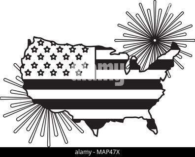 american flag on map with pyrotechnics vector illustration Stock Vector